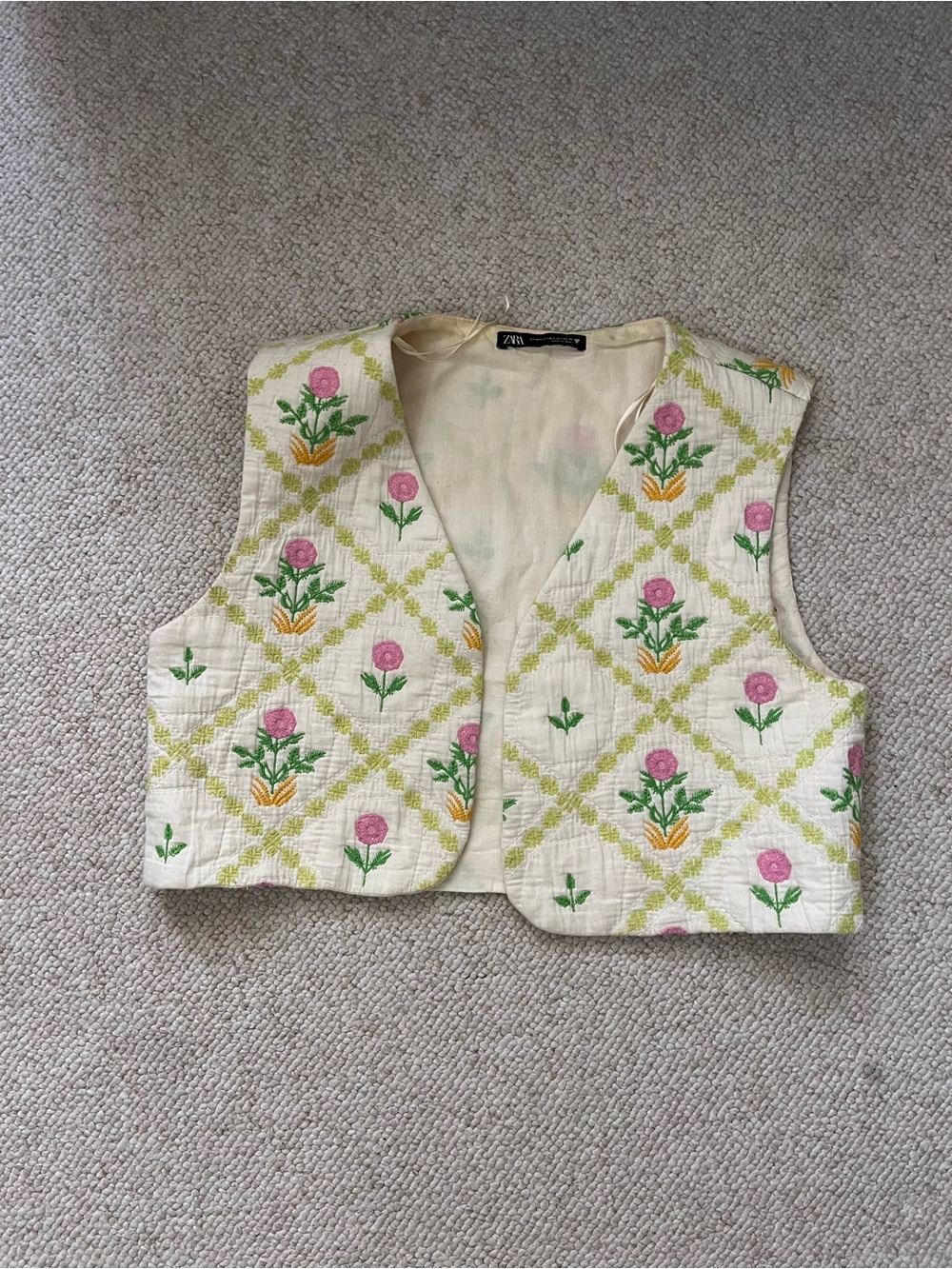 Zara Cream Quilted Vest with Pink & Green Floral Embroidery